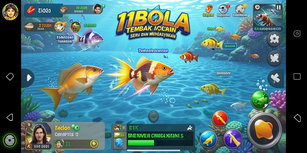 Screenshot dari gameplay 11BOLA yang menampilkan aksi menembak ikan.