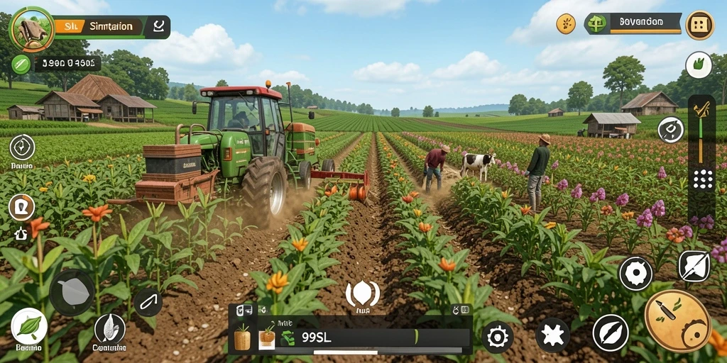 Tampilan gameplay 99SL menampilkan ladang yang subur dan aktivitas bertani.