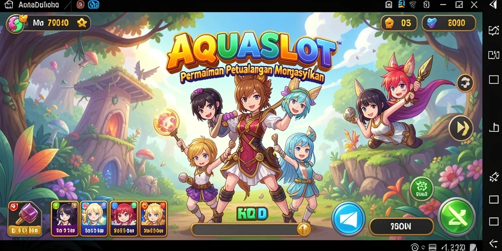 Gameplay seru AQUASLOT dengan karakter anime berwarna-warni.