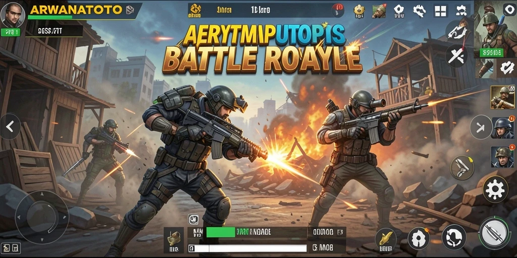 Screenshot ARWANATOTO menunjukkan aksi pertempuran dalam Battle Royale yang intens.