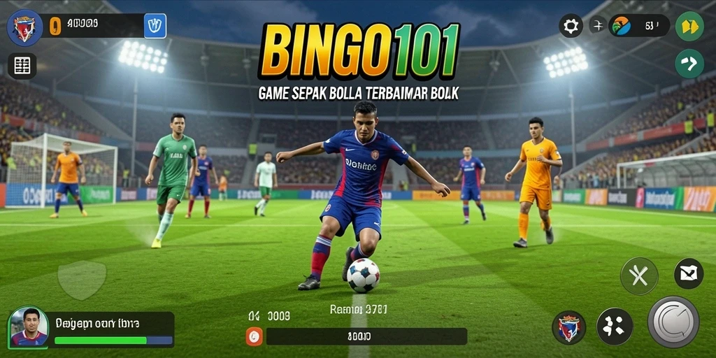 Screenshot gameplay BINGO101 menampilkan pertandingan sepak bola yang intens.