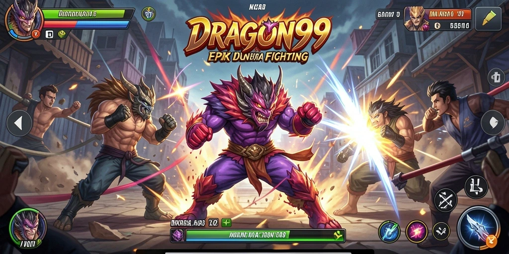 Screenshot utama DRAGON99 menampilkan aksi pertarungan yang mendebarkan.