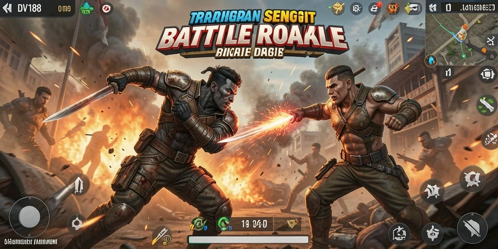 Screenshot gameplay DV188 menampilkan pertempuran seru di arena Battle Royale.