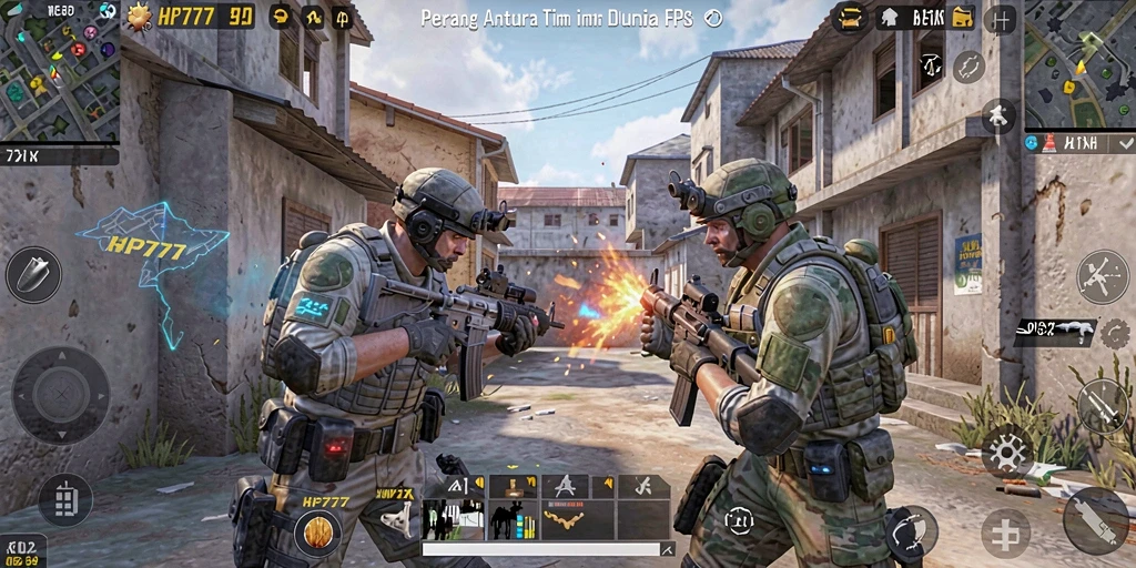 Tampilan aksi seru gameplay HP777 FPS yang mendebarkan.