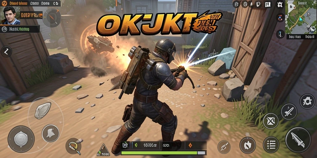 Screenshot utama OKJKT memperlihatkan aksi seru dalam pertempuran.