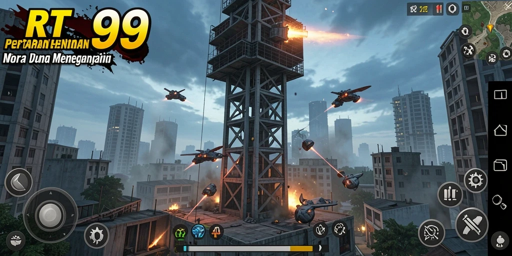 Tampilan gameplay RT99 yang intens dan strategis dalam Tower Defense.