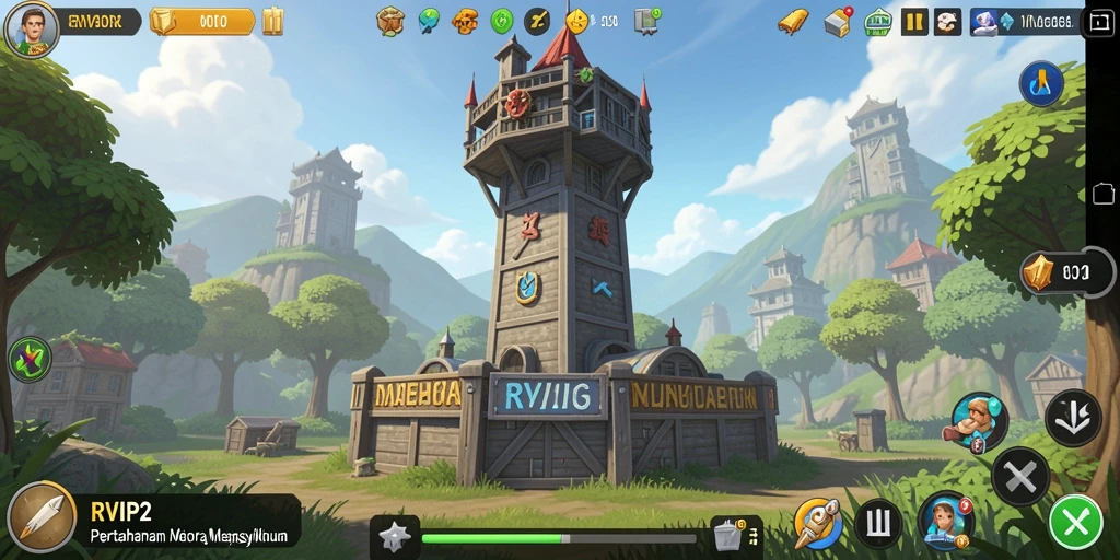 Screenshot gameplay RVIP2 menunjukkan menara bertahan melawan gelombang musuh.
