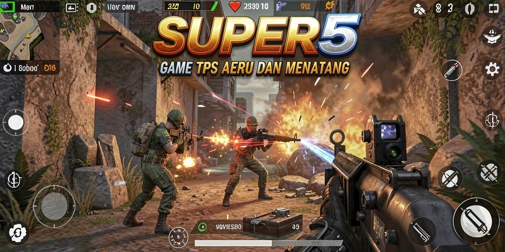 Tangkapan layar utama SUPER5 menunjukkan aksi pertempuran yang mendebarkan.